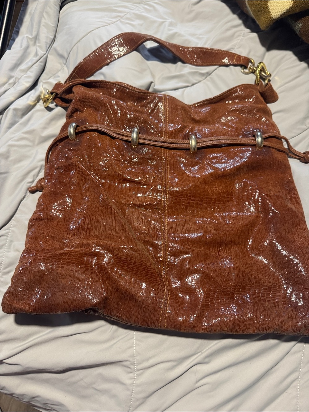 Andre Oliver Shiny Brown Shoulder Bag with Gold Hardware